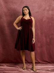 Velvet Halter Neckline Ruffle Knotted Midi Dress Curve & Plus