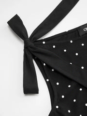 Cotton-blend Boat Neck Polka Dot Bowknot Midi Dress