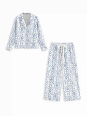 Collar Floral Oversized Top & Mid Rise Drawstring Wide Leg Trousers Loungewear Set Curve & Plus