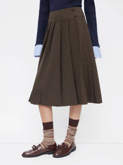 High Rise Striped Pleated Zipper Midi Skirt