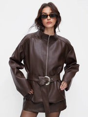 Faux Leather Stand Collar Zip Through Jacket With Belt
