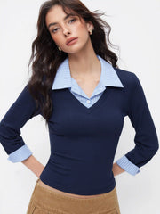 Cotton-blend Collar Striped Button Two Tone Cropped Top
