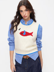 Knit Round Neckline Fish Graphic Contrasting Binding Knitted Vest