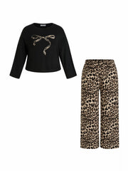 Bowknot Leopard Print Oversized Top & High Rise Elastic Waist Straight Leg Trousers Loungewear Set Curve & Plus