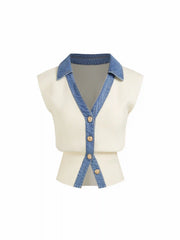 Knit V-Neck Metal Button Denim Contrasting Binding Vest