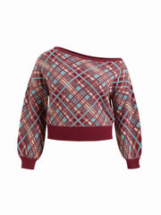 Knit Plaid Asymmetrical Neck Lantern Sleeve Top Curve & Plus