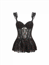 Mesh Mid Rise Cherry Lace Up Lingerie With Thong Set
