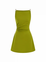 Square Neck Beaded Ruched A-line Cami Mini Dress
