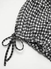 Square Neck Puff Sleeve Plaid Drawstring Blouse