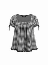 Square Neck Puff Sleeve Plaid Drawstring Blouse