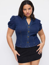 Stretch Denim Collar V-neck Short Sleeve Blouse Curve & Plus