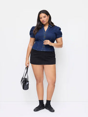 Stretch Denim Collar V-neck Short Sleeve Blouse Curve & Plus