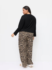 Bowknot Leopard Print Oversized Top & High Rise Elastic Waist Straight Leg Trousers Loungewear Set Curve & Plus