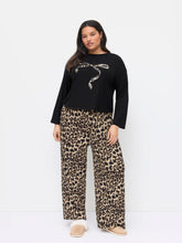 Bowknot Leopard Print Oversized Top & High Rise Elastic Waist Straight Leg Trousers Loungewear Set Curve & Plus
