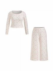 Jersey Square Neck Floral Bowknot Top & High Rise Straight Leg Trousers Loungewear Set Curve & Plus