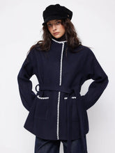 Wool-look Stand Collar Contrasting Binding Oversized Coat With Belt