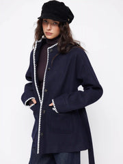 Wool-look Stand Collar Contrasting Binding Oversized Coat With Belt