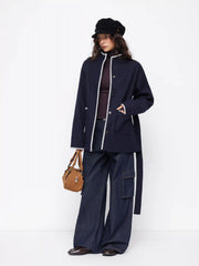 Wool-look Stand Collar Contrasting Binding Oversized Coat With Belt