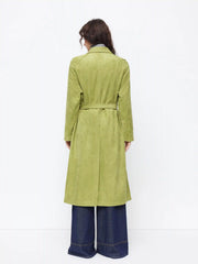 Suede Collar Long Sleeve Trench Coat With Belt