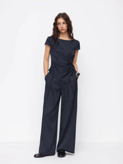 Striped Boat Neck Short Sleeve Wrap Knotted Top & Mid Rise Straight Leg Trousers Set