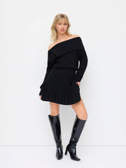 Knit Asymmetrical Neck Pleated Mini Dress