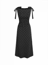 Cotton-blend Boat Neck Polka Dot Bowknot Midi Dress