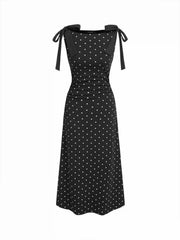 Cotton-blend Boat Neck Polka Dot Bowknot Midi Dress