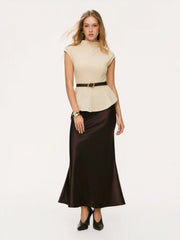 Stand Collar Cinched Waist Top With Belt & Zipper Mermaid Maxi Skirt Set