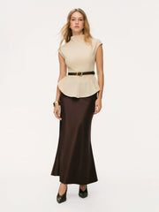 Stand Collar Cinched Waist Top With Belt & Zipper Mermaid Maxi Skirt Set