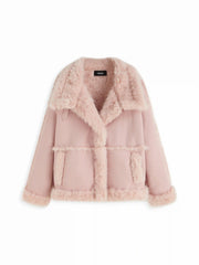 Faux Shearling Belted Oversized Jacket With Faux Fur Trim