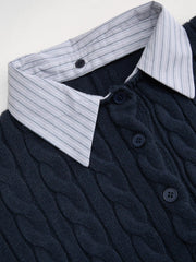 Cable Knit Striped Collar Two Tone Cardigan