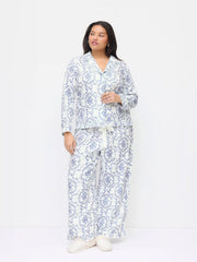 Collar Floral Oversized Top & Mid Rise Drawstring Wide Leg Trousers Loungewear Set Curve & Plus