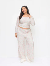 Jersey Square Neck Floral Bowknot Top & High Rise Straight Leg Trousers Loungewear Set Curve & Plus