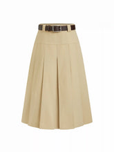 100%Cotton High Rise Pleated Midi Skirt With Belt