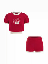 Knit Heart Cherry Graphic Contrasting Binding Puff Sleeve Top & Shorts Set