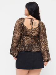 Chiffon Leopard Print Square Neck Knotted Ruffle Layered Peplum Blouse Curve & Plus