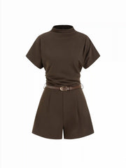 Stand Collar Romper With Belt