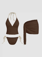 Texture Halter Neckline Lettuce Trim Knotted Tankini Tie Side Bikini Set With Sarong