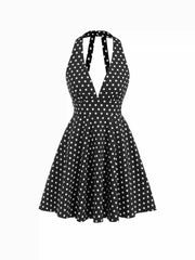 Cotton-blend Halter Neck Polka Dot Backless Flared Mini Dress