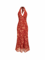 Chiffon Sweetheart Floral Backless Tie Back Mermaid Maxi Dress