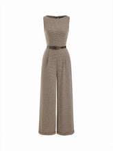 Houndstooth Boat Neck Zipper Wide Leg Jumpsuit With Belt