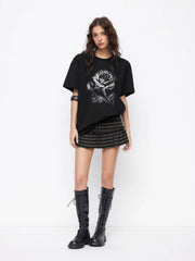 Cotton-blend Round Neckline Rose Graphic Oversized Longline Tee