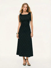 Cotton-blend Boat Neck Polka Dot Bowknot Midi Dress