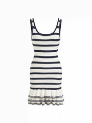 Knit Striped U-neckline Ruffle Hem Mini Tank Dress