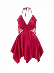 Satin Halter Neckline Backless Bowknot Mini Nightdress