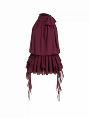 Chiffon Halter Neck Ruffled Ruched Mini Dress