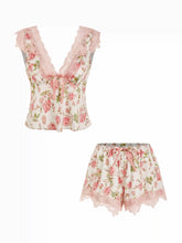 Satin V-neck Floral Bowknot Top & Low Rise Drawstring Lace Trim Shorts Loungewear Set