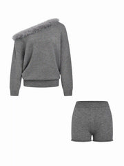 Knit Asymmetrical Neck Faux Fur Trim Oversized Top & Mid Rise Shorts Set
