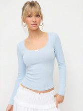 Pointelle U-neckline Bowknot Lace Tee