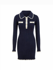 Knit Polo Collar Contrasting Binding Mini Dress